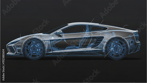 Detailed vehicle autocad blueprint design of a sports car in a technical illustration
