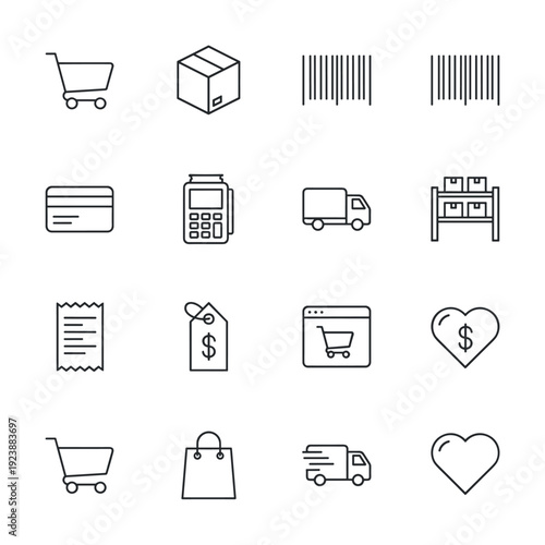 Collection of e-commerce and shopping icons representing online retail and logistics