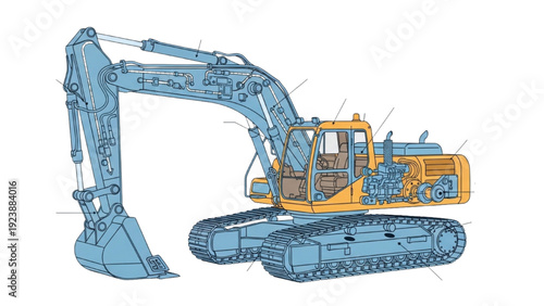 Detailed vehicle autocad blueprint of a heavy excavator machine in a technical drawing style viewed from the side