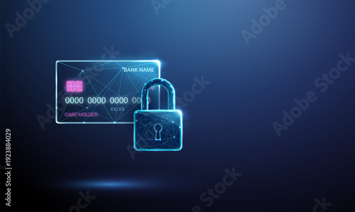 3d blue credit card with padlock. Banking, finance, payment, electronic wallet, financial protection, secure banking, fraud prevention concept.