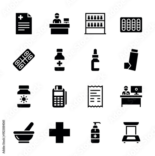 Collection of pharmacy and medical icons representing healthcare services and products