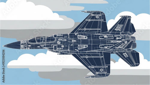 Aerial view of a fighter jet in flight with a vehicle autocad blueprint design