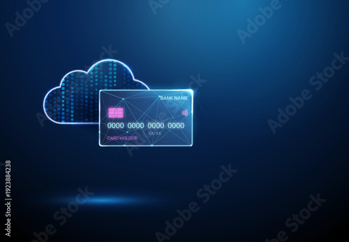 3d cloud of data with flowing stream of dots inside and bank card. Blockchain payment, e-commerce security, encrypted information, trusted financial system concept.