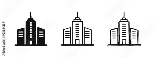 Modern City Buildings Icons Set. Urban Skyline Architecture Symbols in Solid, Outline, and Hand-Drawn Styles.