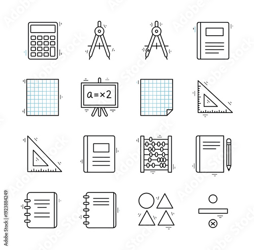 Collection of hand-drawn school and math supplies icons on a white background