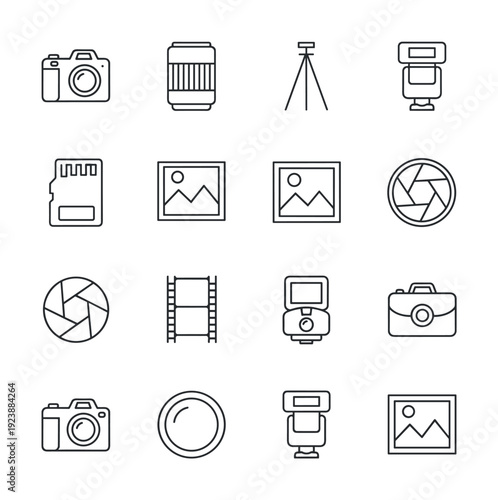 Collection of photography icons including cameras, lenses, tripod, and memory card