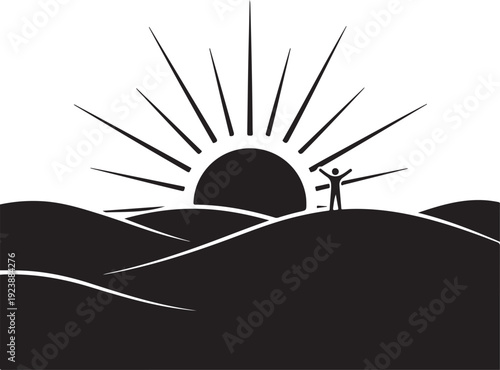 A person standing on a hill with arms outstretched towards the sunrise