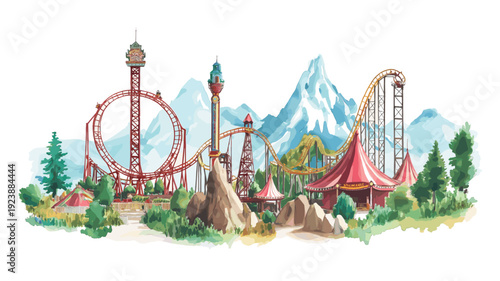 Six Flags Magic Mountain. Six Flags Magic Mountain hand drawn watercolor illustration