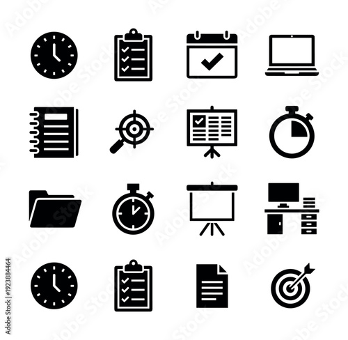 Collection of business and planning icons representing tasks, time, and goals