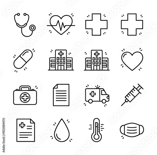 Collection of medical and healthcare icons including stethoscope, heart, hospital, and ambulance