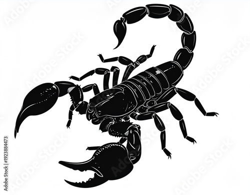  Stylized Dark Illustration of a Scorpion.  A detailed artistic rendering of a scorpion in dark tones with subtle highlights, showcasing its anatomy including pincers, legs, and stinger.