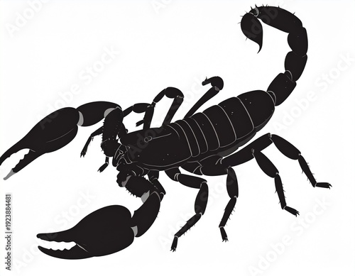 Black Silhouette of a Scorpion. A stylized black silhouette illustration of a scorpion on a white background, emphasizing its pincers, legs, segmented body, and stinger