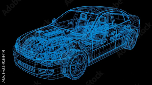 Detailed vehicle autocad blueprint illustration of a car with transparent body parts and complex engine components from an isometric viewpoint