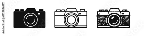 Simple Camera Icons Set. Digital Photography Device Symbols in Solid, Outline, and Hand-Drawn Styles.