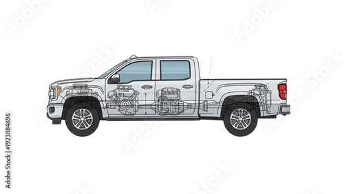 Detailed vehicle autocad blueprint of a pickup truck in a technical side view illustration