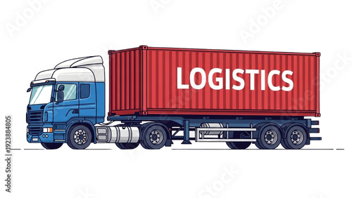 Detailed vehicle autocad blueprint of a logistics truck with container viewed from the side
