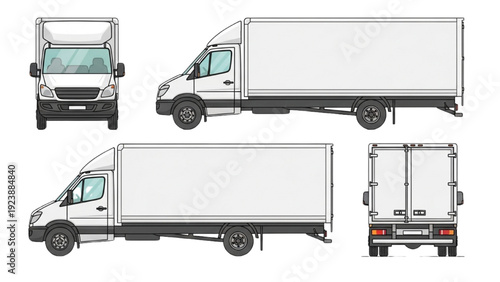 Detailed vehicle autocad blueprint of a white delivery truck from multiple viewpoints