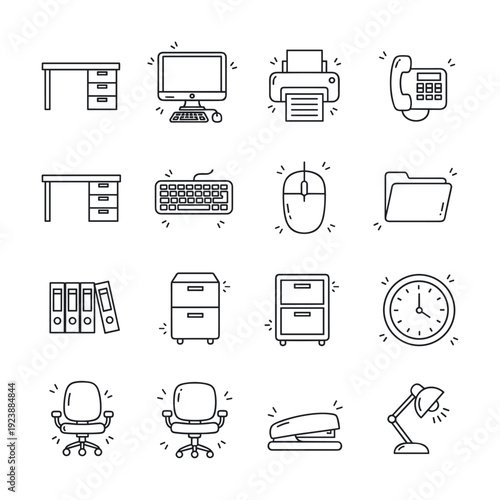 Collection of office supplies and equipment icons in a clean, modern line art style