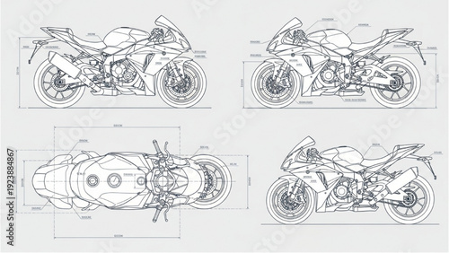 Detailed vehicle autocad blueprint of a motorcycle from multiple viewpoints showcasing its design and technical specifications