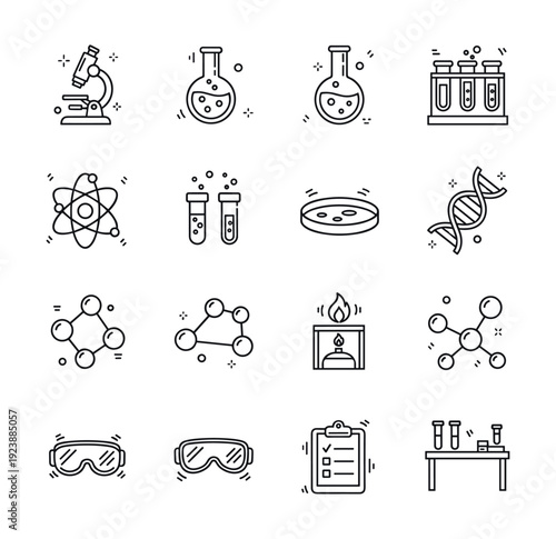 Collection of science and laboratory icons with a clean, minimalist line art style