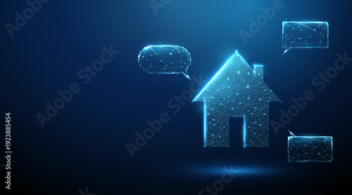 3d house icon surrounded by empty speech bubbles Home communication, smart home interaction, connected devices, networked household, information exchange, IoT interaction concept