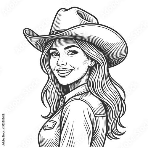 smiling cowgirl wearing a wide brim cowboy hat, long hair and western shirt sketch engraving generative ai fictional character vector illustration. Scratch board imitation. Black and white image.