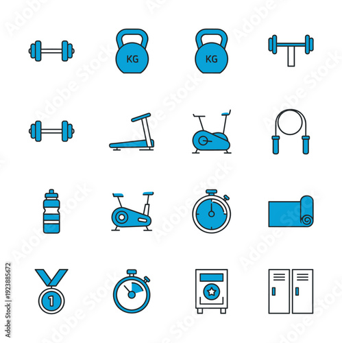 Collection of blue and black fitness equipment icons on a white background