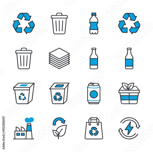 Collection of recycling and eco-friendly icons for waste management and sustainability themes