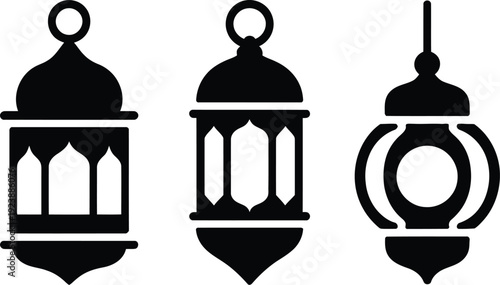 Black silhouettes of three traditional middle eastern lanterns