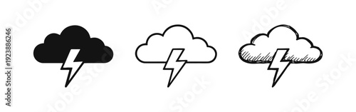 Storm cloud with lightning symbol icon set. Vector illustrations of electricity and weather phenomena.