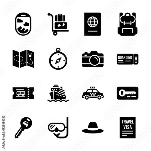 Collection of travel and vacation icons representing different modes of transport and activities