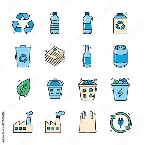 Collection of eco-friendly icons representing recycling, waste management, and sustainability concepts