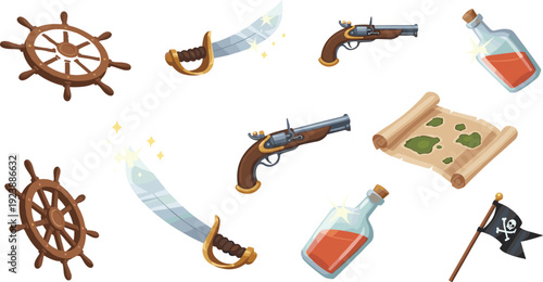 Pirate Adventure Icon Set with Sword Flintlock Pistol Treasure Map Ship Wheel and Message in Bottle Cartoon Vector Illustration Police Stop