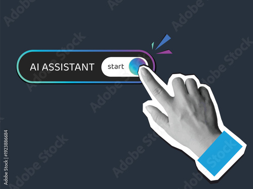 Black and white hand pressing a switch button which starts an AI assistant. Modern collage style. Vector illustration