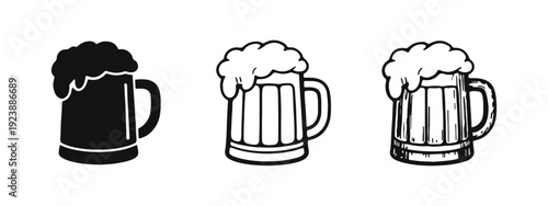 Beer mug icon set with frothy head. Black and white vector illustrations of beer steins in different styles.