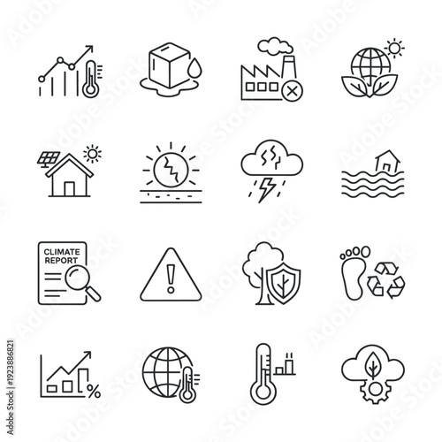 Collection of climate change and environmental protection icons for global warming awareness