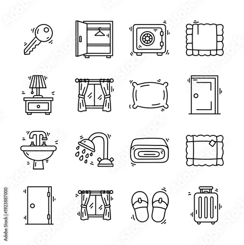 Collection of hotel room amenities and furniture icons in a doodle art style