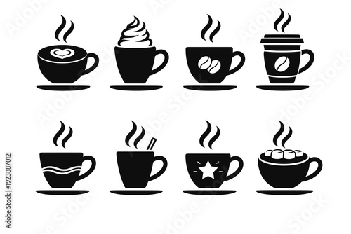 Coffee cup silhouette set with latte art heart, whipped cream mug, bean icon, takeaway cup, spoon, star emblem, and marshmallow topping. Perfect for cafe branding, menus, and winter drinks.