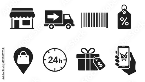 Online shopping glyph icons: storefront, delivery truck, barcode, percent tag, store locator pin, 24h clock, gift price label and mobile cart check for modern retail UI interfaces.