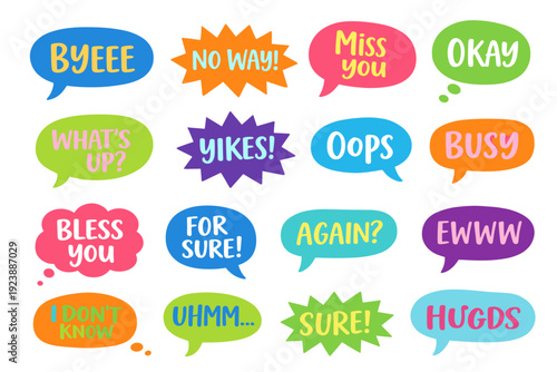 Bright comic speech bubbles with casual phrases: byeee, no way, miss you, what's up, yikes, oops, busy, bless you and hugs, playful messaging sticker pack.