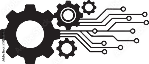 A black and white image of gears and circuit board