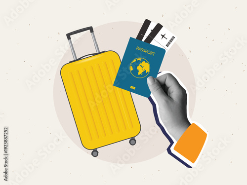 Black and white hand holding a passport with an air tickets and yellow suitcase near. Travel concept. Modern collage style. Vector illustration