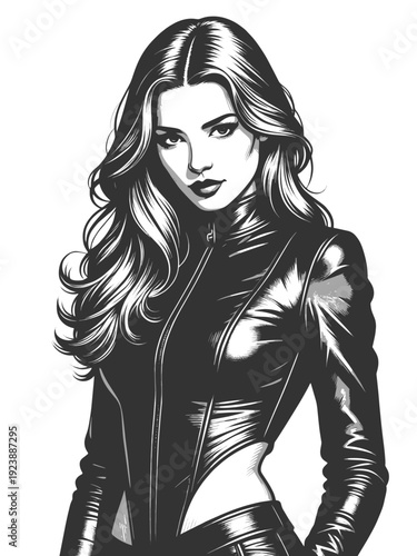 confident woman in leather jacket and corset, hands behind head, edgy pinup fashion style sketch engraving generative ai fictional character vector illustration. Scratch board. Black and white image.