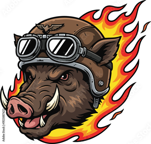 Furious Wild Boar Head Wearing Biker Helmet with Flames