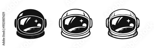 Astronaut Helmet Icon Set. Space Exploration, Cosmonaut Headgear, and Universe Travel Symbols.