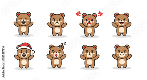 Flat Vector Cute Cartoon Bear Character Set Illustrating Various Emotions and Expressions, Including a Christmas Themed Bear
