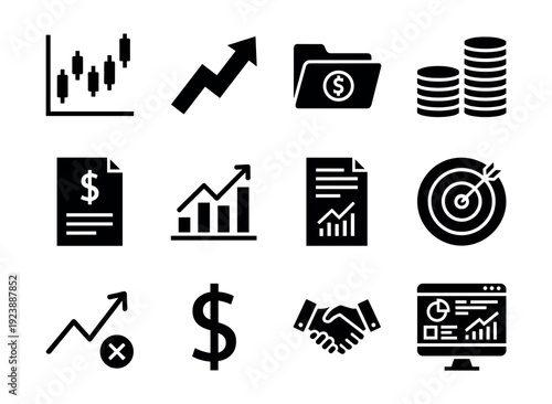 Collection of financial and business growth icons representing success and analysis