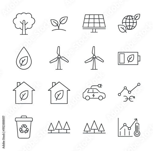 Collection of eco-friendly icons representing sustainability and green energy solutions