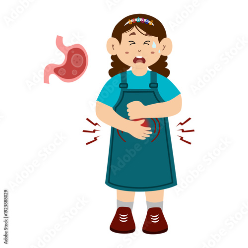 Little kid suffering from stomach ache, acid reflux. Gastritis concept vector illustration. 