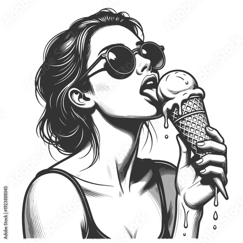 woman with hair bun and round sunglasses licking dripping ice cream cone, summer pinup mood sketch engraving generative ai fictional character vector illustration. Scratch board. Black and white image